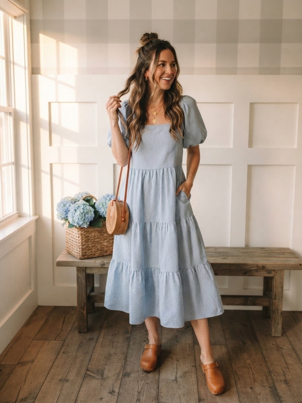J. Crew Blue Pinstripe Tiered Midi Dress 12